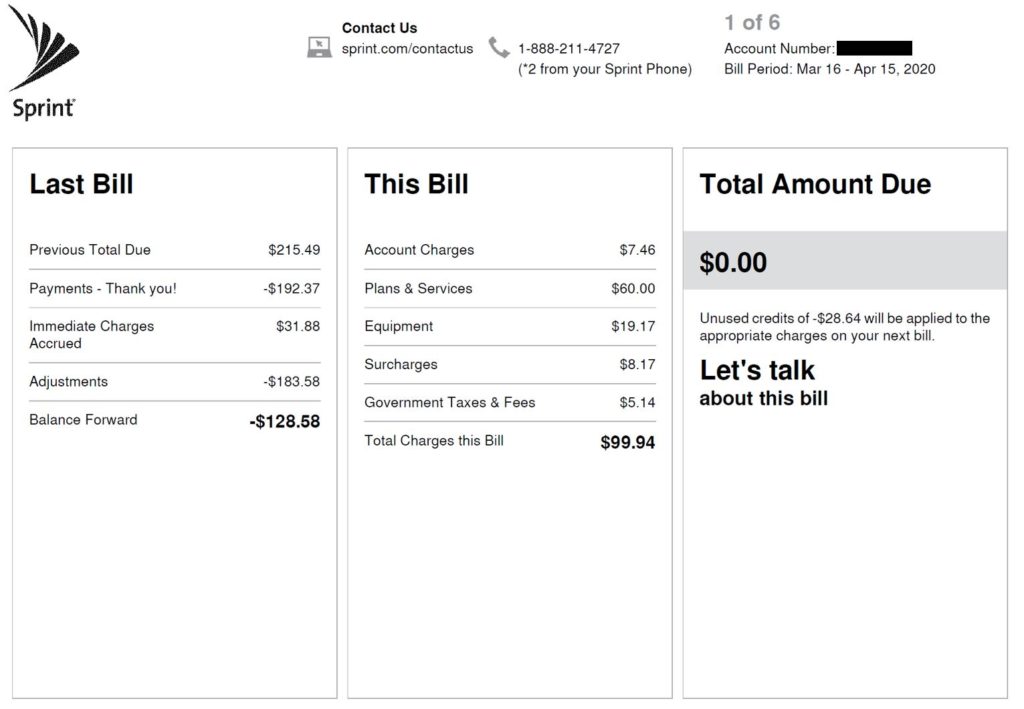 Lower Sprint Bill Example