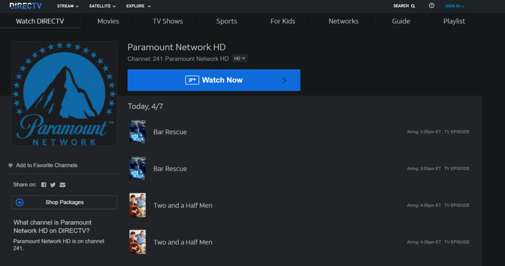 directv paramount network channel